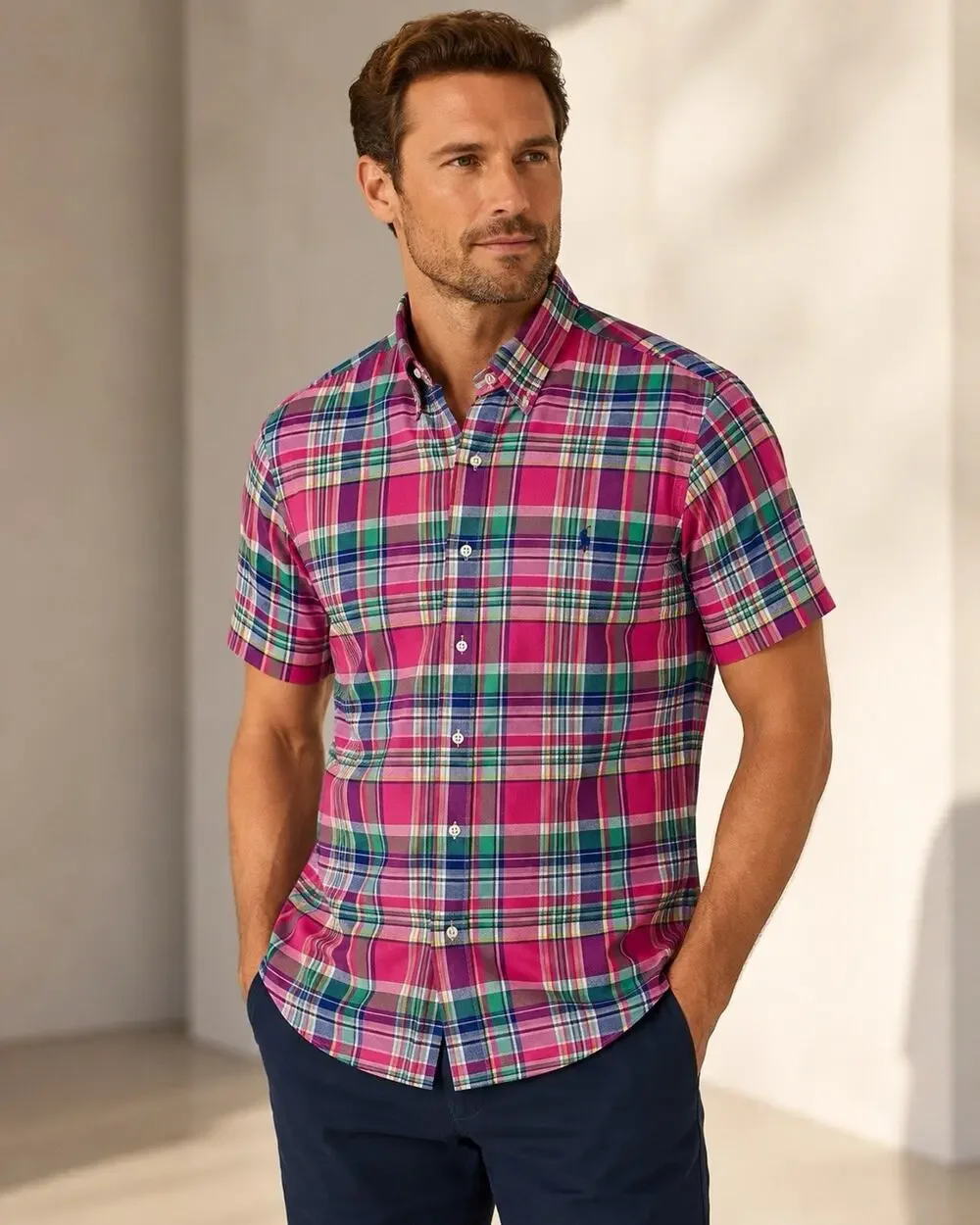 Polo Ralph Lauren Shirt Mens Large Pink Plaid Classic Fit Button Front Cotton